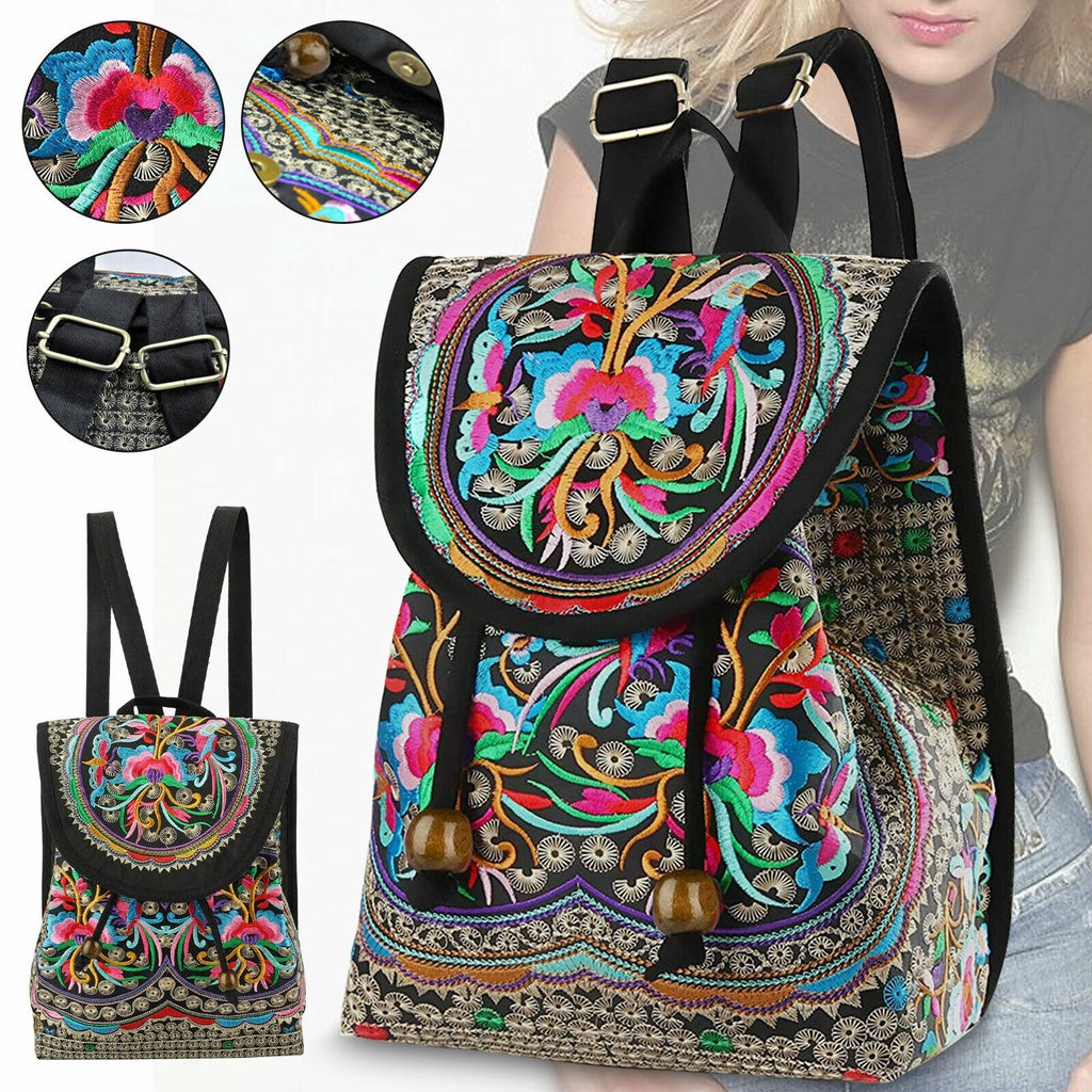 Floral Embroidered Backpack Canvas Bookbag Travel Backpack