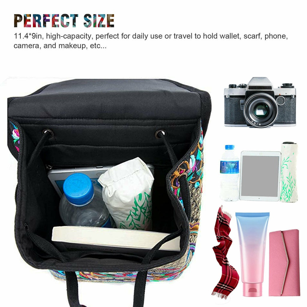 Floral Embroidered Backpack Canvas Bookbag Travel Backpack