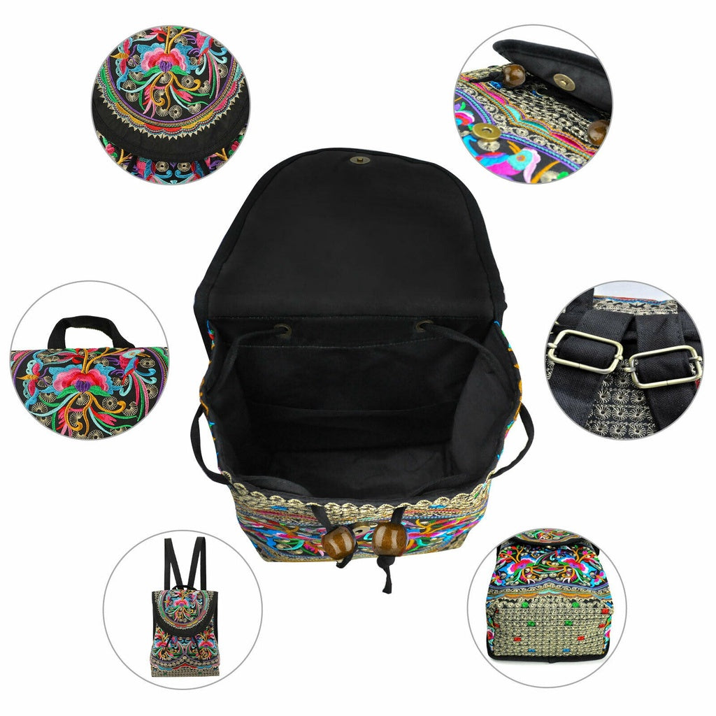 Floral Embroidered Backpack Canvas Bookbag Travel Backpack