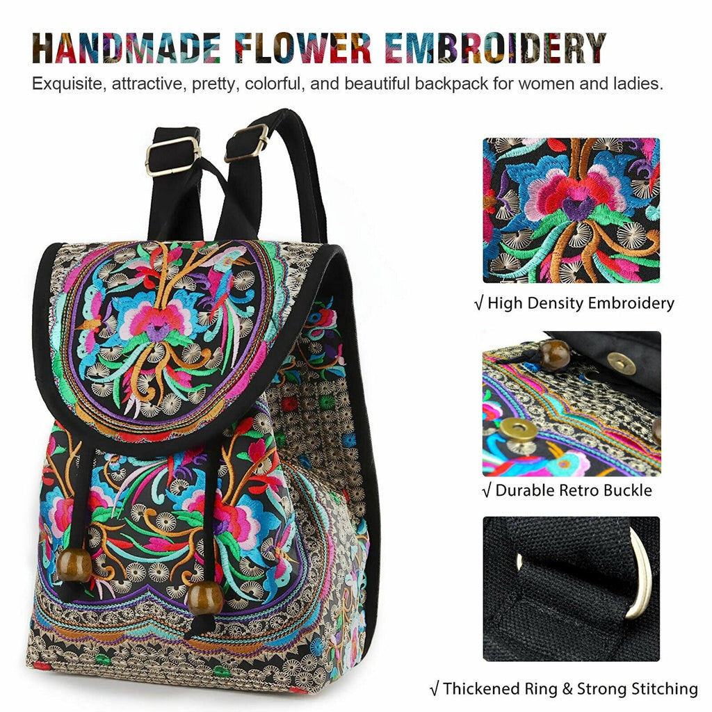 Floral Embroidered Backpack Canvas Bookbag Travel Backpack