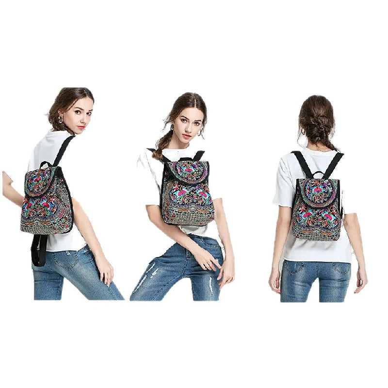 Floral Embroidered Backpack Canvas Bookbag Travel Backpack
