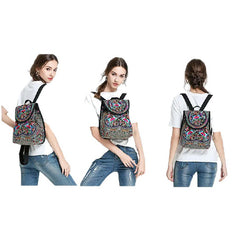 Floral Embroidered Backpack Canvas Bookbag Travel Backpack