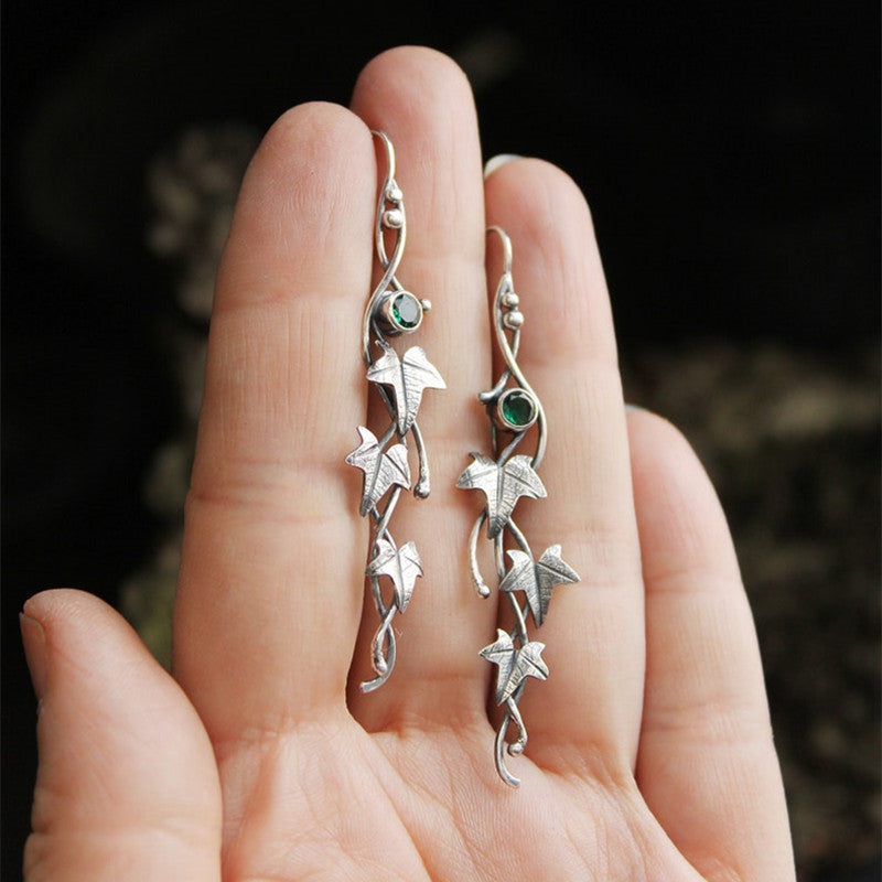 Boho Leaf Dangle Earrings Colorful Gemstone 925 Silver Plated 1Pair