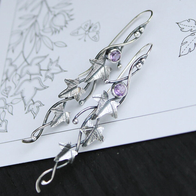 Boho Leaf Dangle Earrings Colorful Gemstone 925 Silver Plated 1Pair