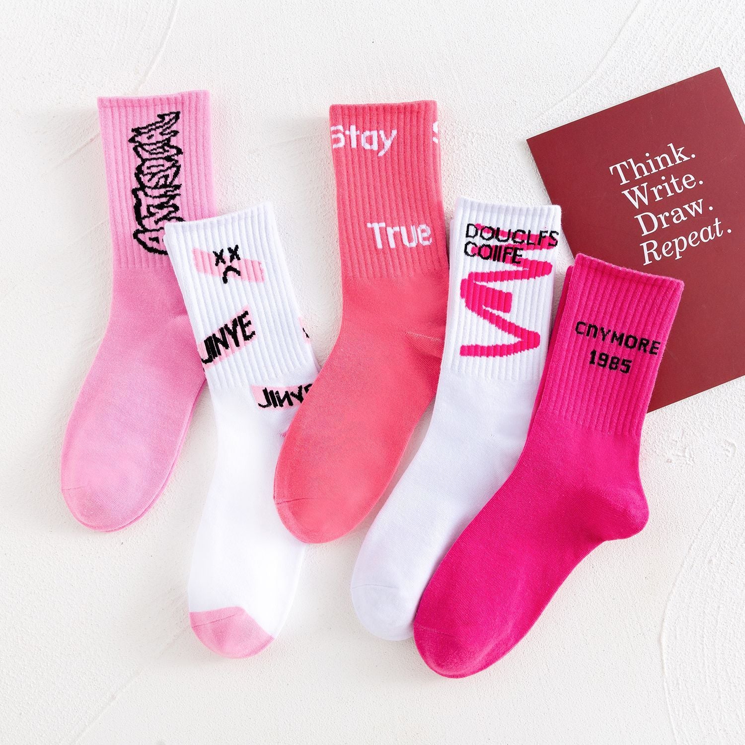 5 Pairs Women's Bubble Pink Letter Pattern Socks