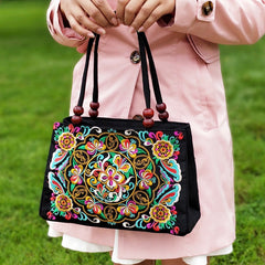 Floral Embroidered Handbag Zipper Canvas Bag Women's Purses