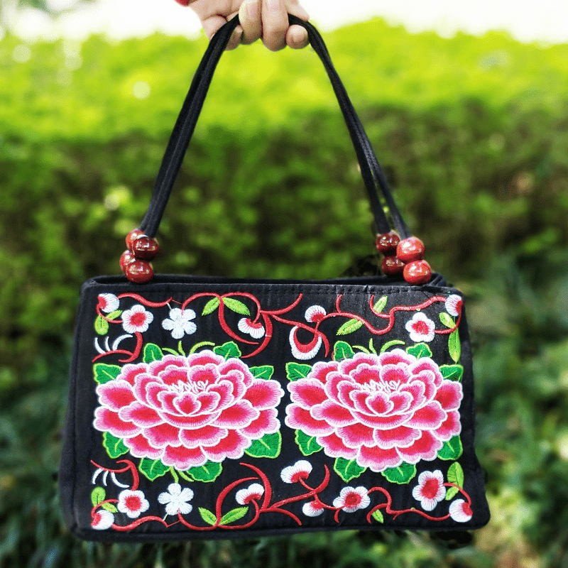 Floral Embroidered Handbag Zipper Canvas Bag Women's Purses