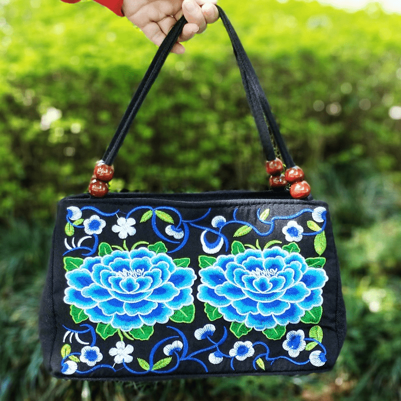 Floral Embroidered Handbag Zipper Canvas Bag Women's Purses