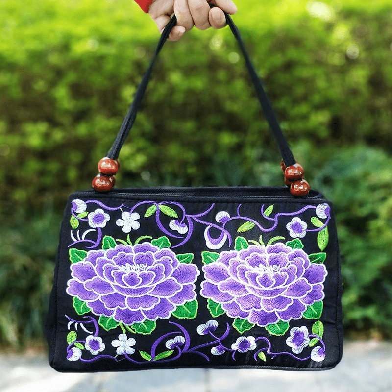 Floral Embroidered Handbag Zipper Canvas Bag Women's Purses