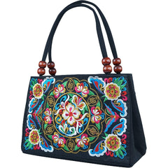 Floral Embroidered Handbag Zipper Canvas Bag Women's Purses