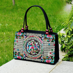 Floral Embroidered Handbag Zipper Canvas Bag Women's Purses