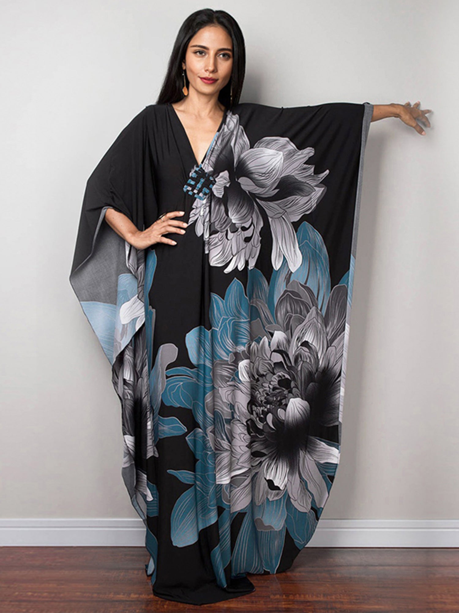 Floral Print Kaftan Dress V Neck Beach Vacation Dress For Spring & Summer