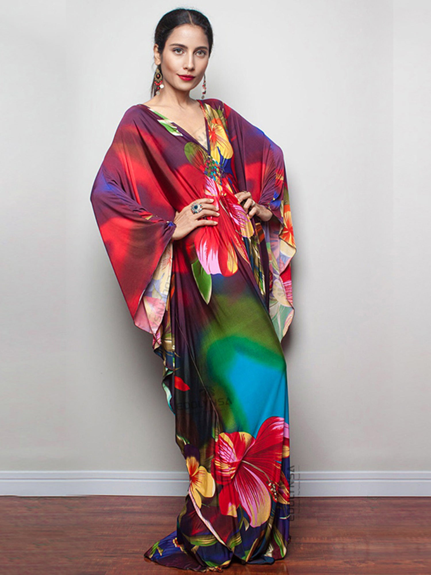 Floral Print Kaftan Dress V Neck Beach Vacation Dress For Spring & Summer