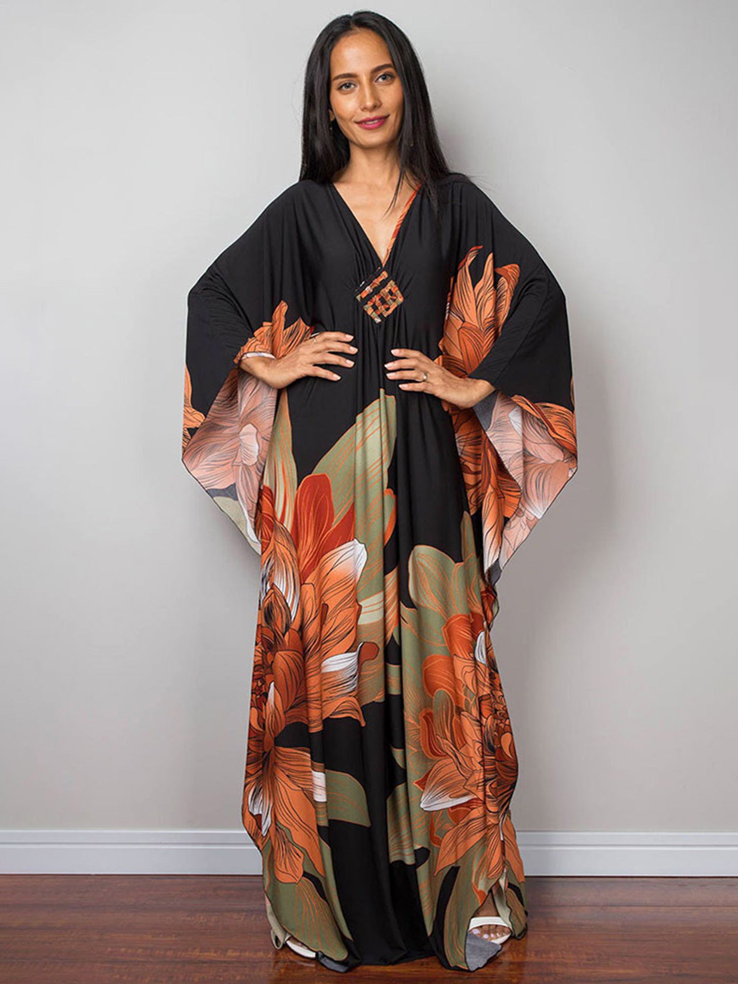 Floral Print Kaftan Dress V Neck Beach Vacation Dress For Spring & Summer