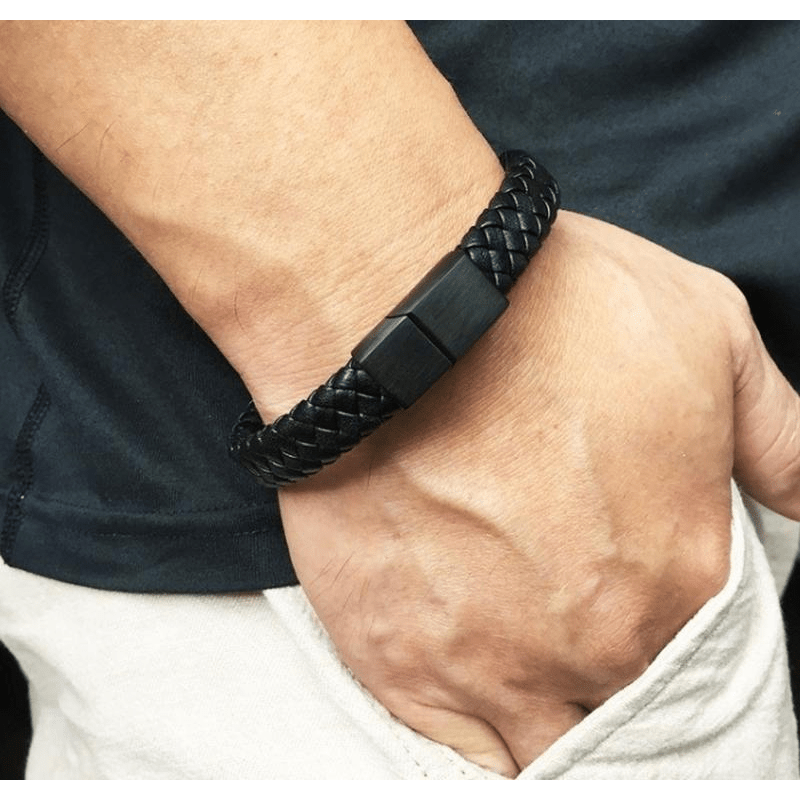 Stainless Steel Chain Leather Bracelet Men Vintage Male Braid Artificial Jewelry