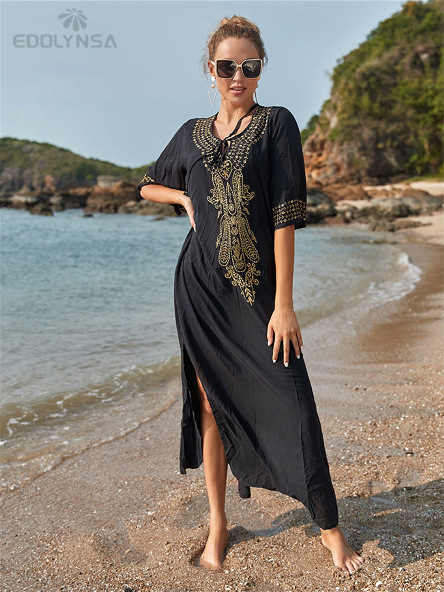 Solid Maxi Dress Split Beach Vacation Dress Women's Clothing