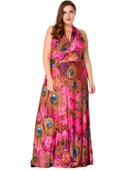  Deep V Neck Halter Ethnic Print Maxi Dress