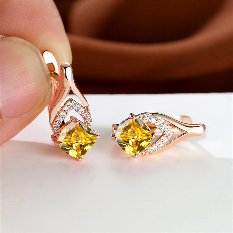 Vintage Bridal Earrings Red Aqua Stone Drop Golden Square Zircon Cut