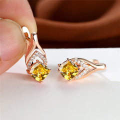 Vintage Bridal Earrings Red Aqua Stone Drop Golden Square Zircon Cut