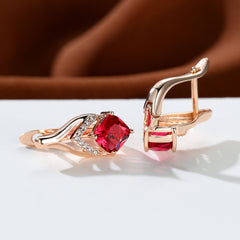 Vintage Bridal Earrings Red Aqua Stone Drop Golden Square Zircon Cut