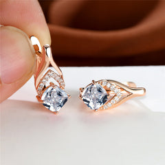Vintage Bridal Earrings Red Aqua Stone Drop Golden Square Zircon Cut