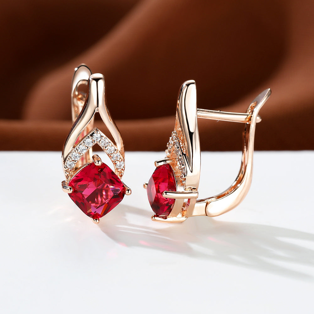Vintage Bridal Earrings Red Aqua Stone Drop Golden Square Zircon Cut