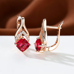 Vintage Bridal Earrings Red Aqua Stone Drop Golden Square Zircon Cut