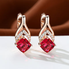 Vintage Bridal Earrings Red Aqua Stone Drop Golden Square Zircon Cut