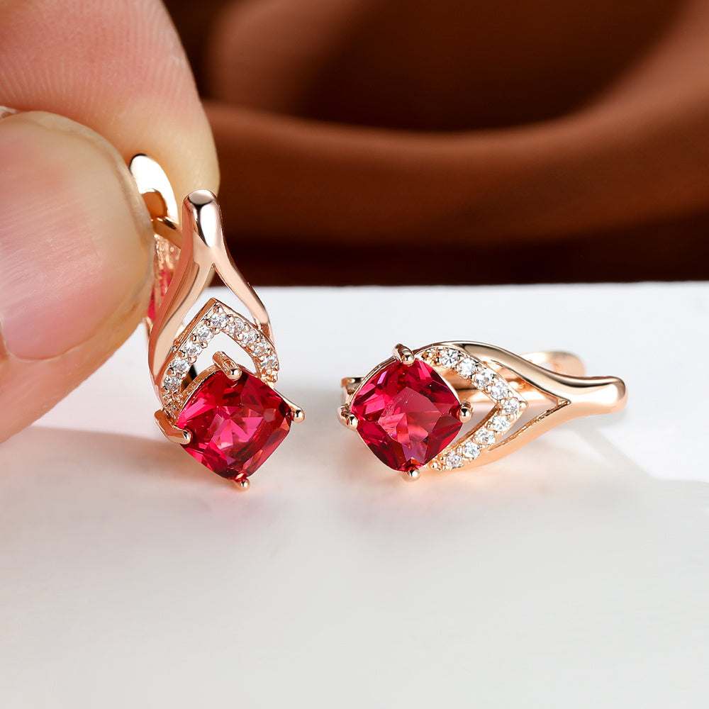 Vintage Bridal Earrings Red Aqua Stone Drop Golden Square Zircon Cut