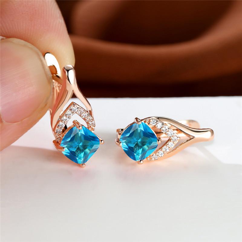 Vintage Bridal Earrings Red Aqua Stone Drop Golden Square Zircon Cut