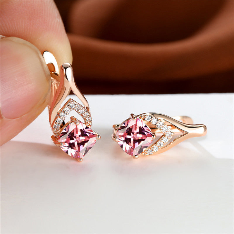 Vintage Bridal Earrings Red Aqua Stone Drop Golden Square Zircon Cut