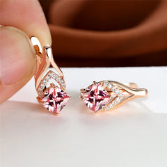 Vintage Bridal Earrings Red Aqua Stone Drop Golden Square Zircon Cut