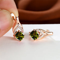 Vintage Bridal Earrings Red Aqua Stone Drop Golden Square Zircon Cut
