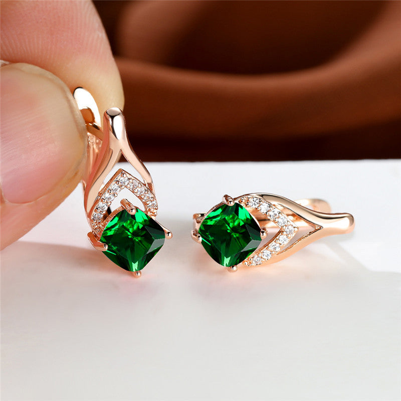 Vintage Bridal Earrings Red Aqua Stone Drop Golden Square Zircon Cut
