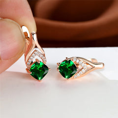 Vintage Bridal Earrings Red Aqua Stone Drop Golden Square Zircon Cut