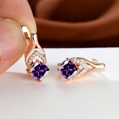 Vintage Bridal Earrings Red Aqua Stone Drop Golden Square Zircon Cut