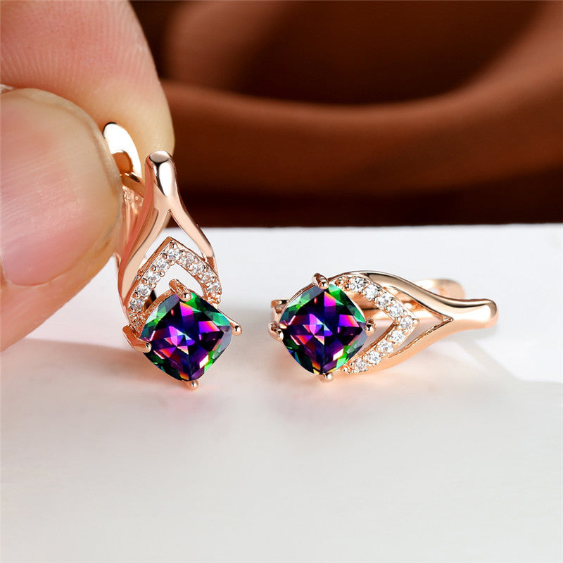 Vintage Bridal Earrings Red Aqua Stone Drop Golden Square Zircon Cut