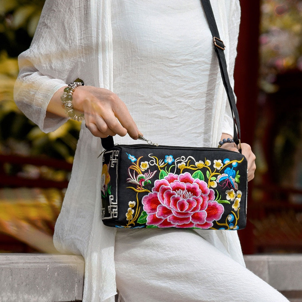 Embroidery Crossbody Bag with Three Zip Shoulder Design