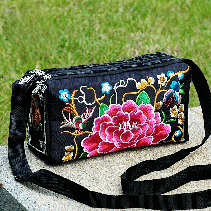 Embroidery Crossbody Bag with Three Zip Shoulder Design