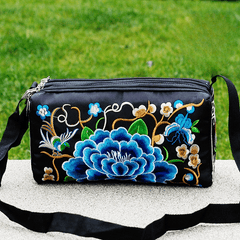 Embroidery Crossbody Bag with Three Zip Shoulder Design