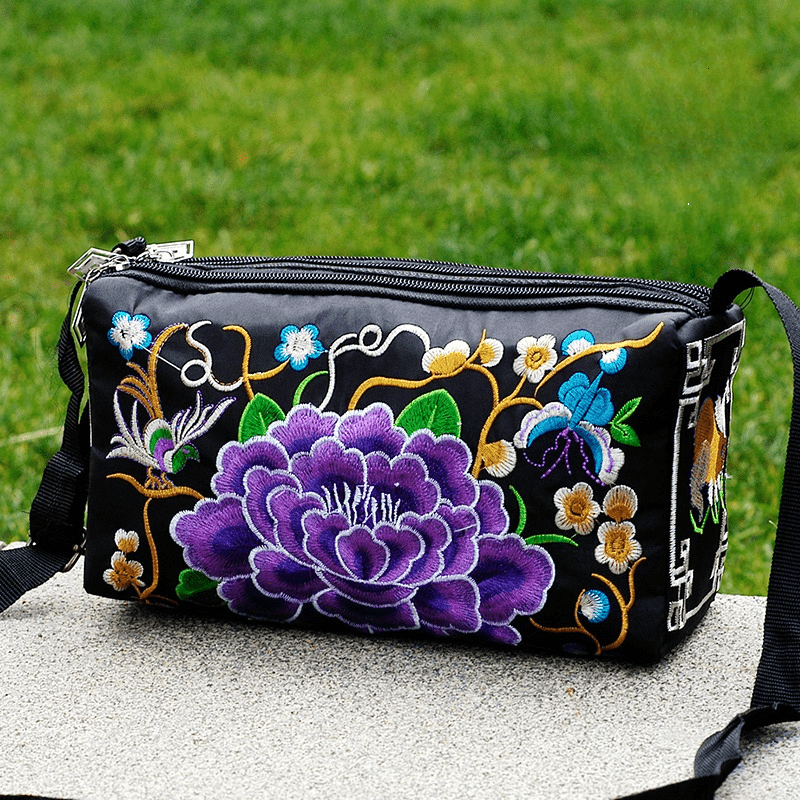 Embroidery Crossbody Bag with Three Zip Shoulder Design