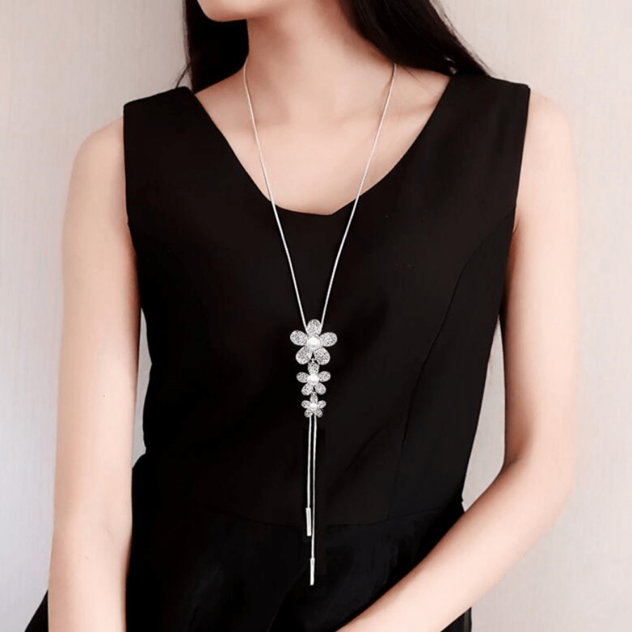 Flower Pendant Lariat Necklace Faux Pearls Long Chain Sweater Sweet Gift