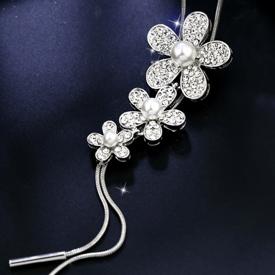 Flower Pendant Lariat Necklace Faux Pearls Long Chain Sweater Sweet Gift