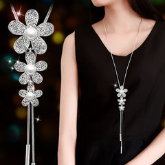 Flower Pendant Lariat Necklace Faux Pearls Long Chain Sweater Sweet Gift