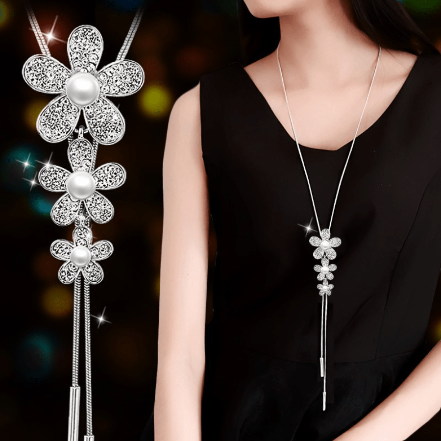 Flower Pendant Lariat Necklace Faux Pearls Long Chain Sweater Sweet Gift