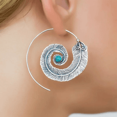 Vintage Geometric Spiral Feather Earrings Engraved Boho Style Dangle Earrings