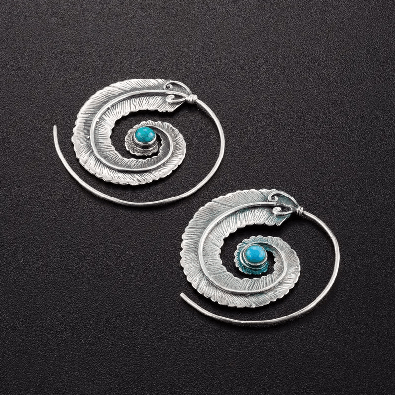 Vintage Geometric Spiral Feather Earrings Engraved Boho Style Dangle Earrings