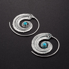 Vintage Geometric Spiral Feather Earrings Engraved Boho Style Dangle Earrings