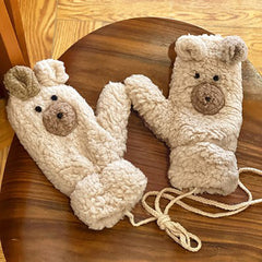 Women Gloves Plush Cartoon Bear Mittens Lady Thicken Velvet Girls Winter Gloves