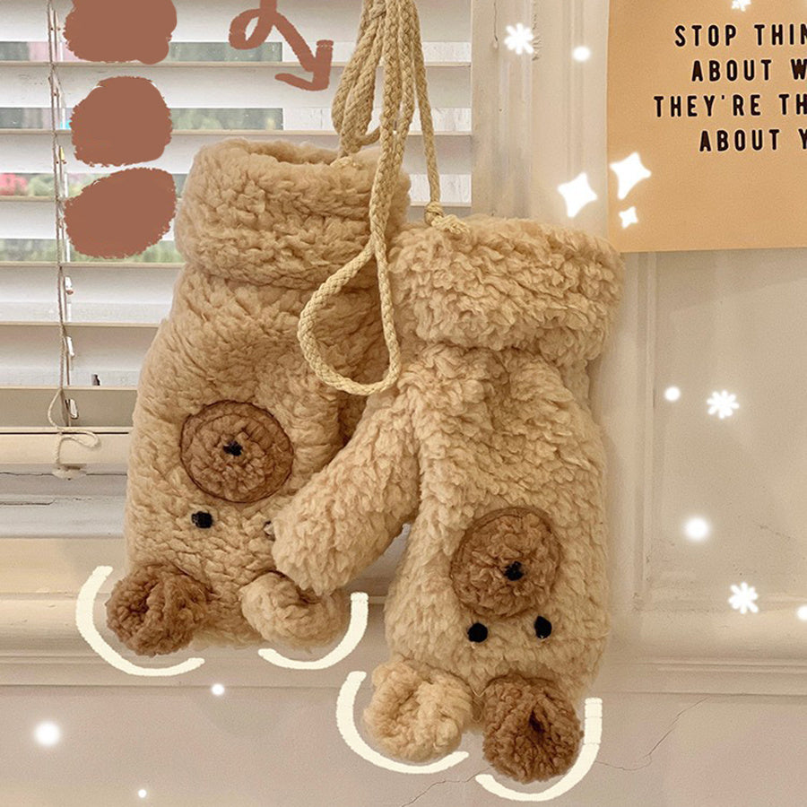 Women Gloves Plush Cartoon Bear Mittens Lady Thicken Velvet Girls Winter Gloves